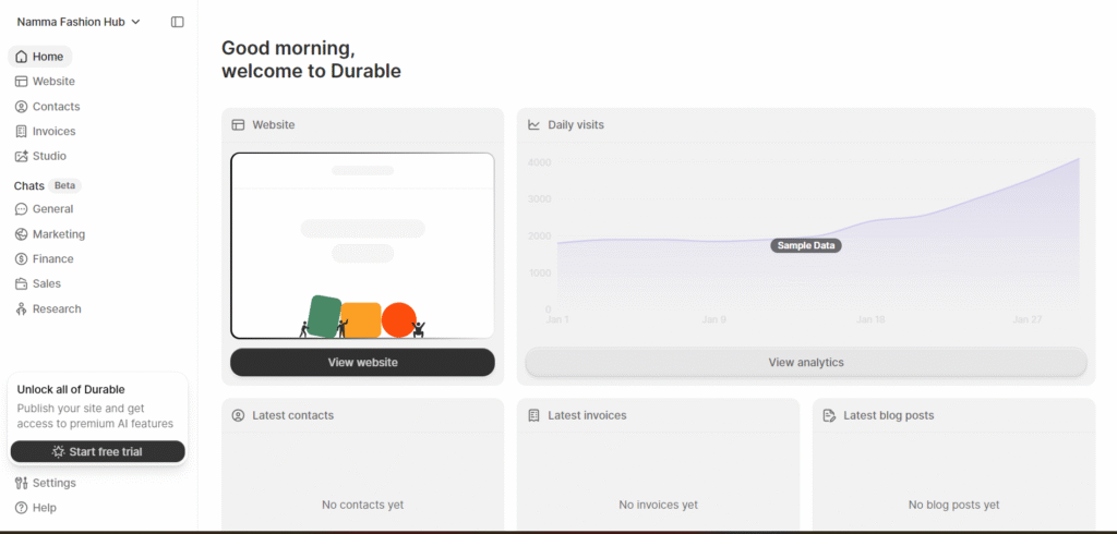 Screenshot of Durable AI Dashboard