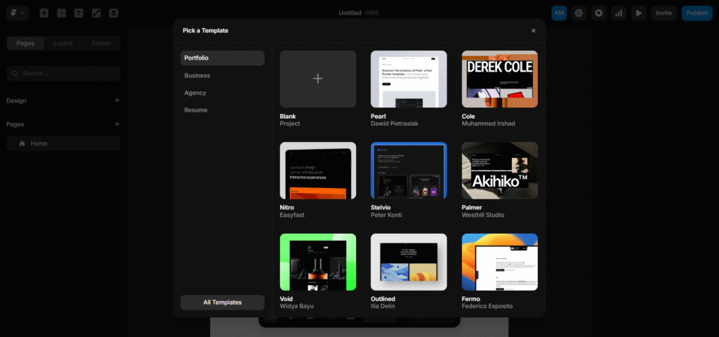 Screenshot of Framer AI Dashboard