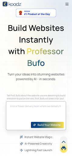 Koadz website mobile view showing the AI-powered Professor Bufo interface for instant website building.