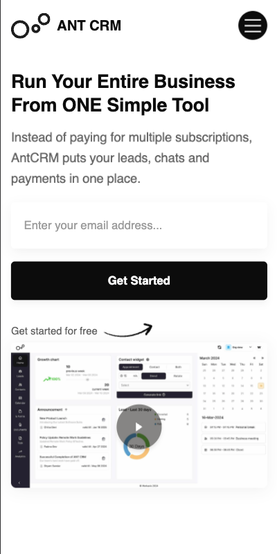 Mobile layout of the ANT CRM homepage showing the hero section and email signup box