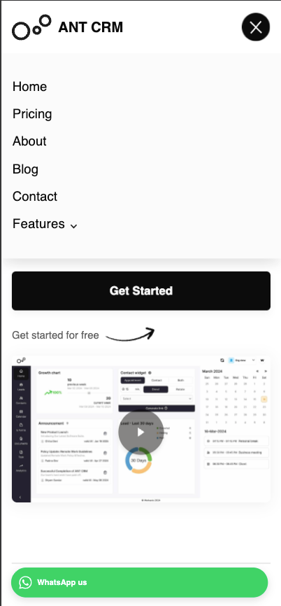Mobile view of the ANT CRM website’s menu and homepage section showing navigation and “Get Started” button.