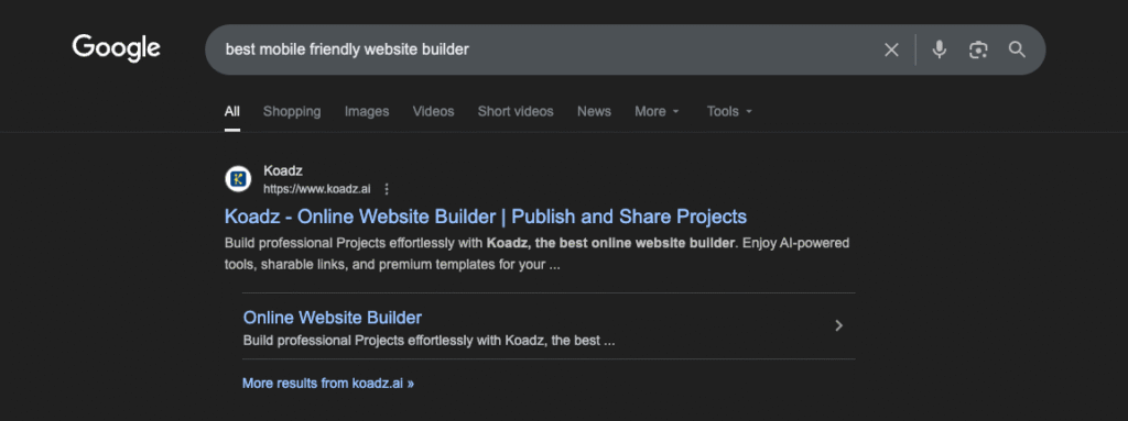 Search result showing Koadz ranking for “best mobile friendly website builder” on Google.